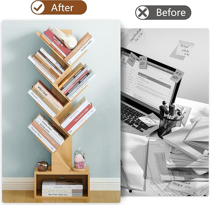 Hoctieon 6 Tier Tree Bookshelf, Tall Bookcase with Drawer, Freestanding Book Shelf, Display Floor Standing Storage Shelf, Book Organizer Shelves for Home Office, Living Room, Bedroom, Yellow