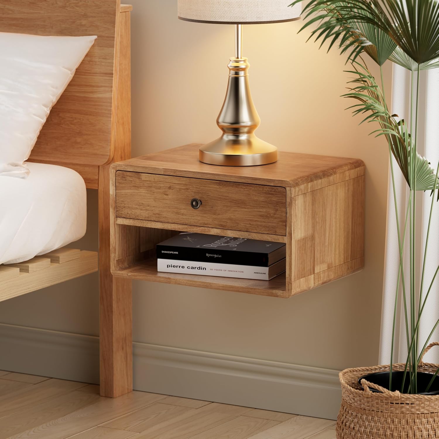 COZAYH Farmhouse Rubber Wood Floating Nightstand with Drawer and Open Shelf, Transitional Wall Mounted Side Table with Open Slot for Bedroom, Fully Assembled (Natural)