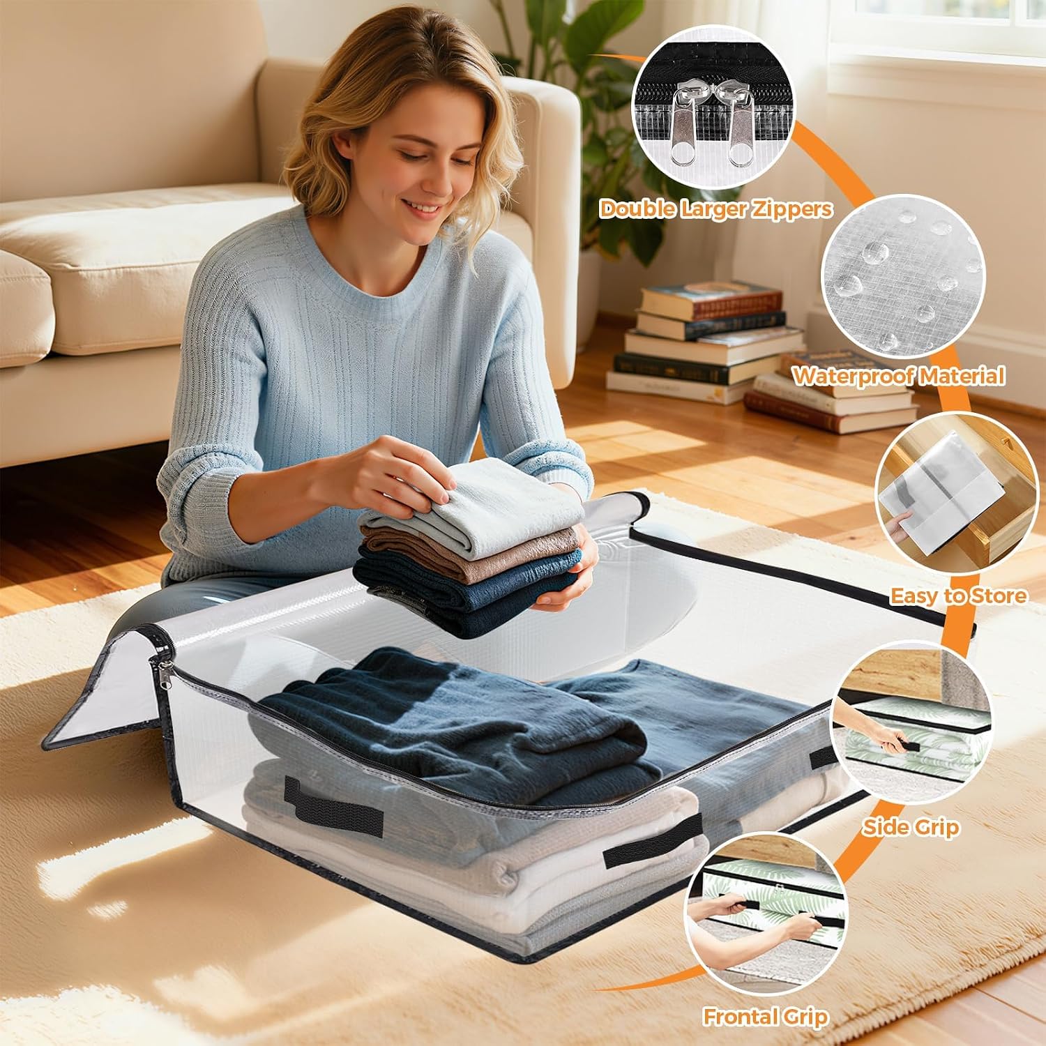 6 Pack Under Bed Storage Bags, 60L Foldable Clear Containers with Handles | Dual Zipper Storage Bins for Comforters, Bedding, Blankets, Closet Organizer for Clothes, Linen Sheets, Sweaters