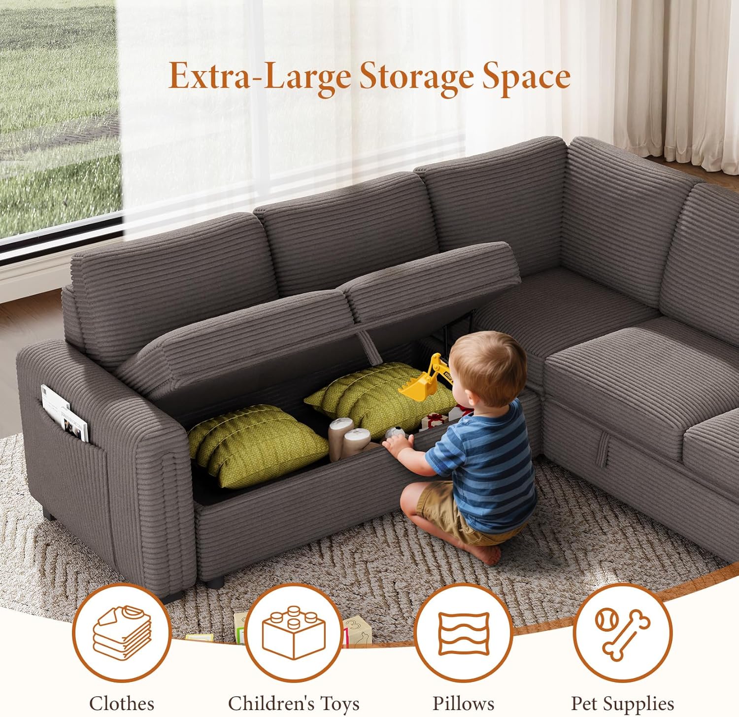 Vesgantti 88.4" Corduroy Sectional Sleeper Sofa with Pull Out Bed, Brown | 5 Seater Modular Couch with Storage, Comfy L Shaped Cloud Couches for Living Room, Bedroom, Apartment, Easy to Assemble