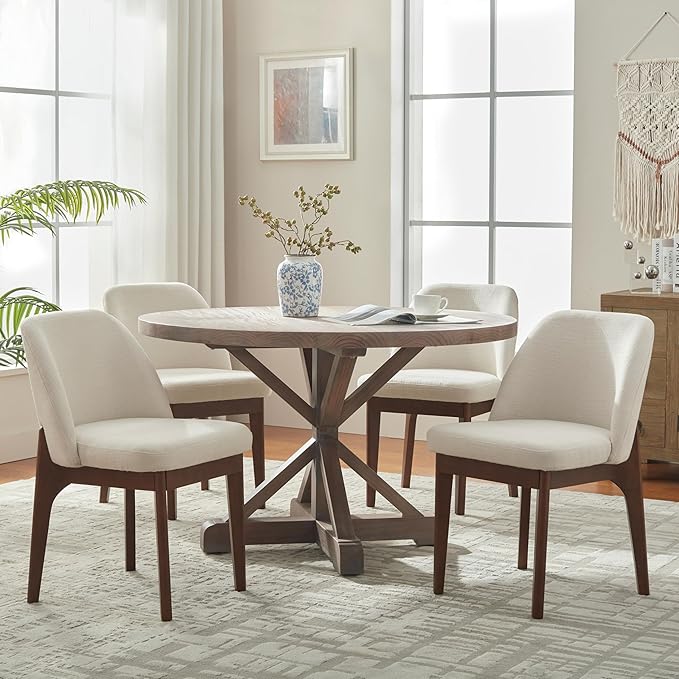 VKNOW Modern Dining Chairs, Fabric Kitchen Chairs with Wood Legs and Padded Seats, Upholstered Side Chair for Kitchen Dining Room (Fabric, Linen Color, Set of 2)