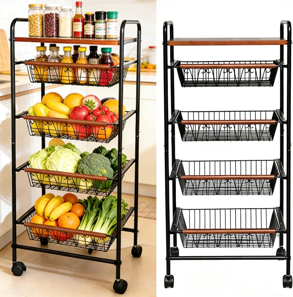 SWEETBLOOM Fruit Vegetable Storage Cart for Kitchen, 5-Tier Vegetable Stand Rack with Pull-Out Fruit Baskets, Rolling Snack Cart with Wood Top for Pantry, Living Room, Bathroom