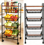 SWEETBLOOM Fruit Vegetable Storage Cart for Kitchen, 5-Tier Vegetable Stand Rack with Pull-Out Fruit Baskets, Rolling Snack Cart with Wood Top for Pantry, Living Room, Bathroom