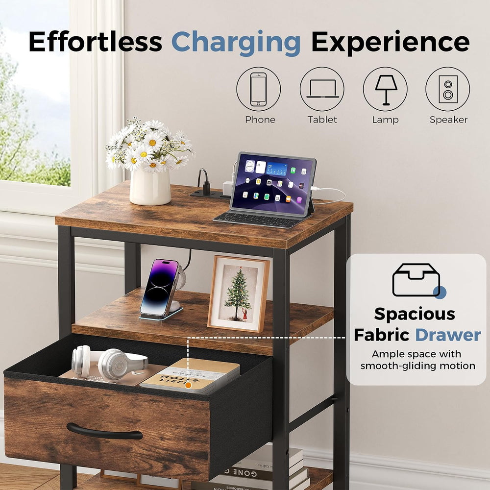 OLIXIS Nightstand with Charging Station, Beside Table with Fabric Drawer | 3-...