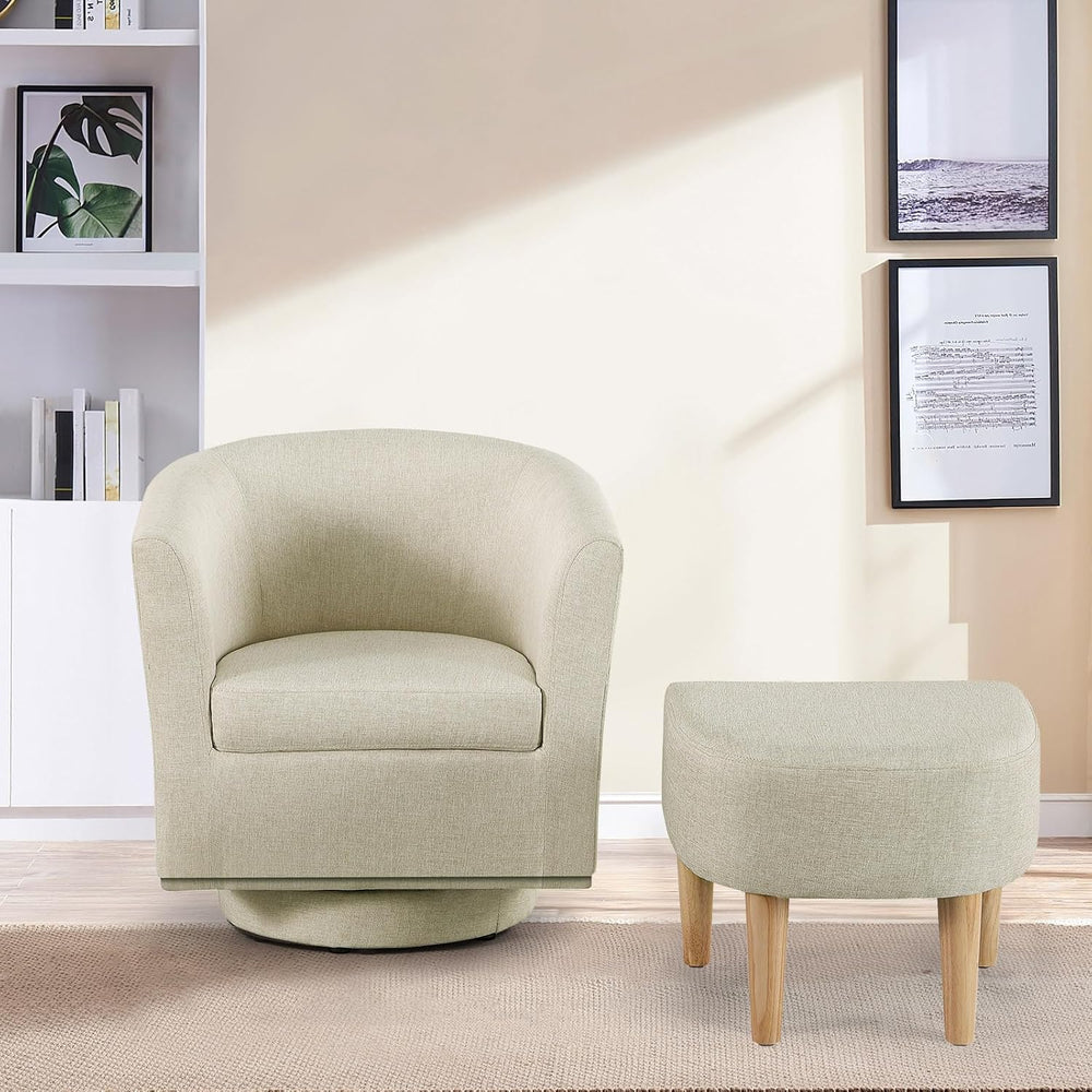 DAZONE Beige Swivel Accent Chair with Ottoman, Comfy Barrel Armchair for Smal...