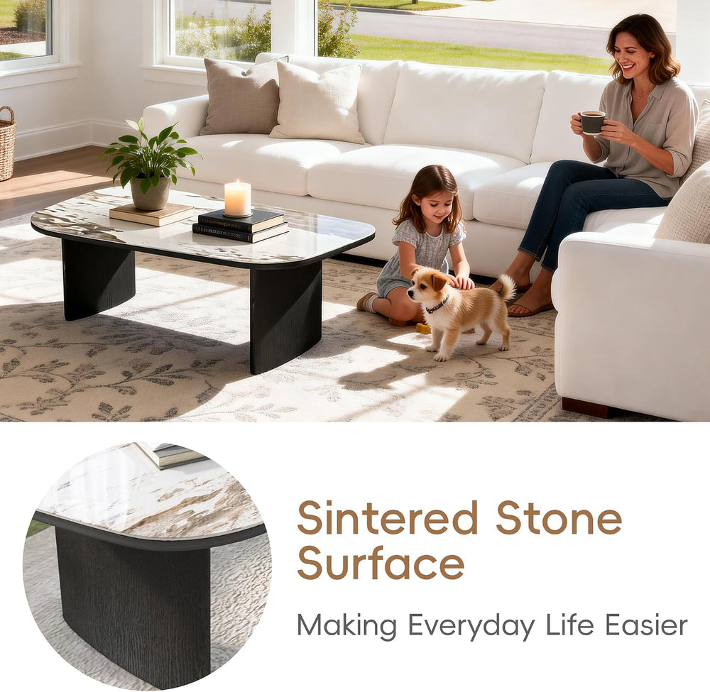 Luxury Marble Coffee Table, Premium Sintered Stone Top, Natural Wood Look Bas...