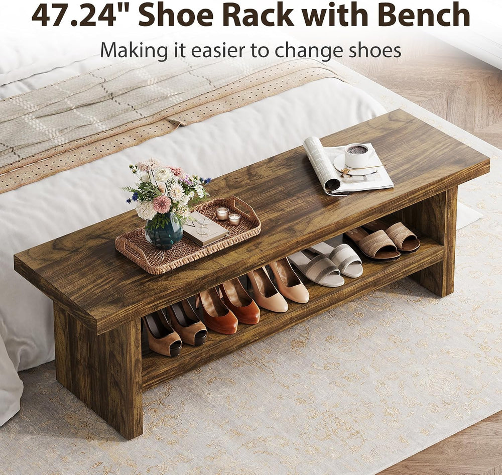 2 Tier Entryway Bench, 47.24" Shoe Bench, Rustic Shoe Rack, Wooden Stora...