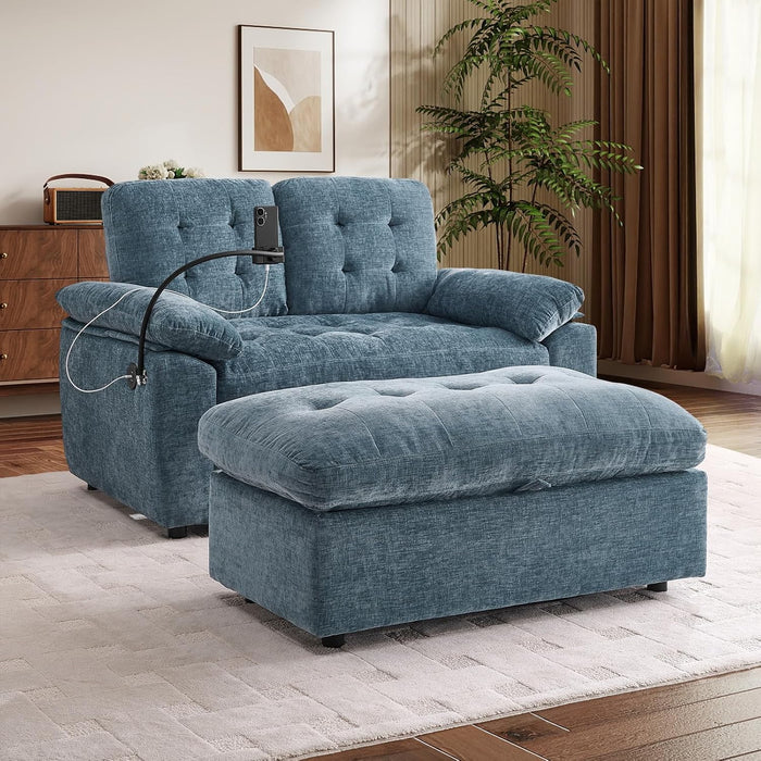 56” Chaise Lounge Chair with Ottoman, Oversized Loveseat Reading Accent Comfy Chenille Tufted Sofa with Storage & USB Charging, Adjustable Backrest Sofa Chaise w/ Phone Holder & Padded Arms, Blue
