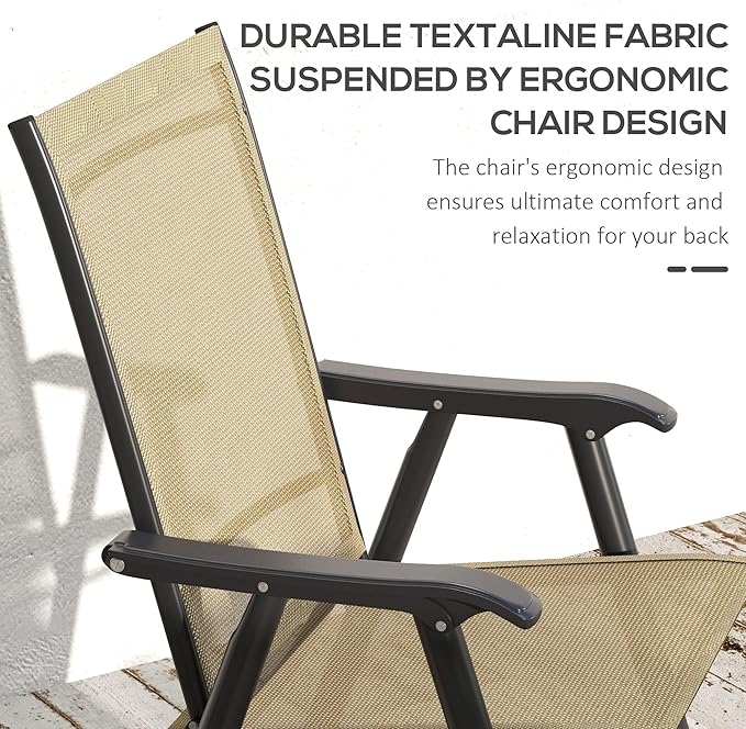 Outsunny Set of 4 Patio Folding Chairs, Stackable Outdoor Sling Patio Dining Chairs with Armrests for Lawn, Camping, Dining, Beach, Metal Frame, No Assembly, Light Mixed Brown