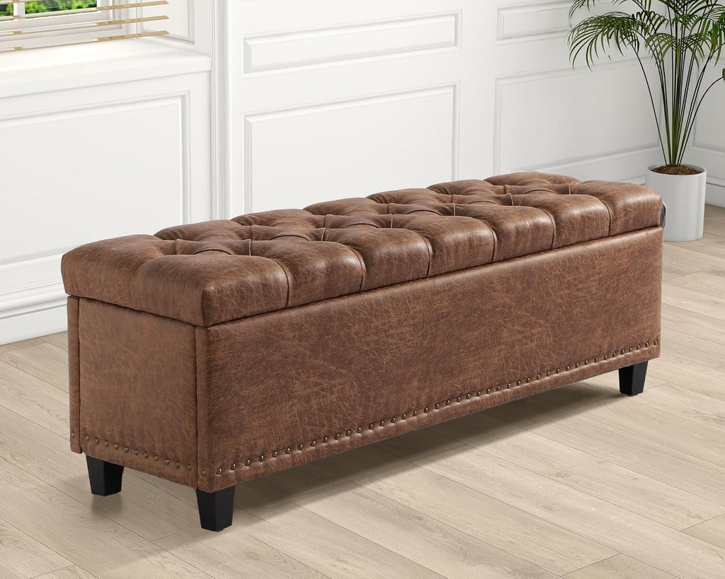 Grepatio 51" Ottoman Storage Benches, 30 Gallons End of Bed Storage Bench, Large Rectangular Ottoman, Button-Tufted Ottomans with Storage for Living Room Bedroom, Foot of Bed (Brown)