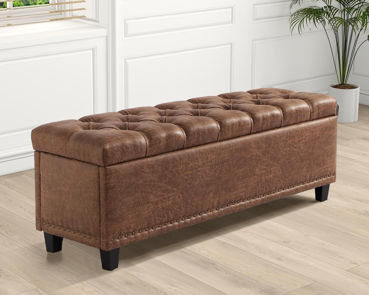 Grepatio 51" Ottoman Storage Benches, 30 Gallons End of Bed Storage Bench, Large Rectangular Ottoman, Button-Tufted Ottomans with Storage for Living Room Bedroom, Foot of Bed (Brown)