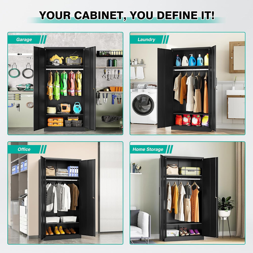 Metal Wardrobe Cabinet with Hanging Rod & Lock,Black Armoire Wardrobe Clo...