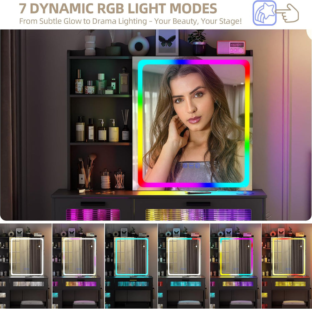 Gurexl RGB Vanity Desk with Sliding Mirror and Lights,Glass Top Makeup Vanity...