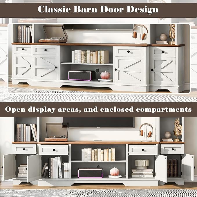 98.8" W Wall Unit Entertainment Center with Bookshelves for TVs up to 80", Modern TV Stand Media Console with Cabinets and Adjustable Shelves for Living Room (White+Walnut2)