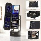 360°Swivel Jewelry Organizer with Full Length Mirror with Lights,Jewelry Armoires Cabinet Standing with Drawer,Large Mirror Storage for Jewelry and Makeup(Black)