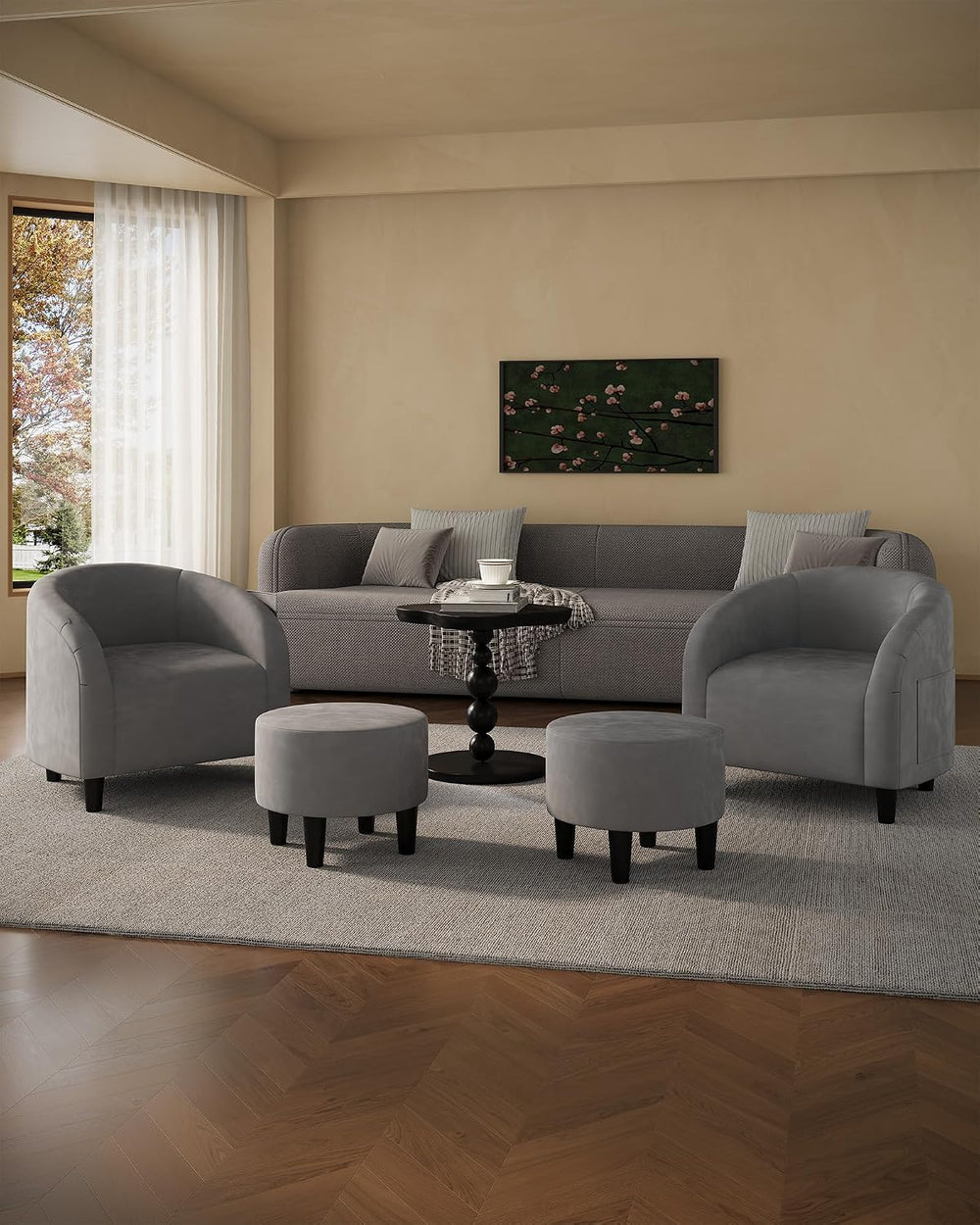 GarveeHome Chair and Ottoman Set, Modern Velvet Barrel Armchair for Living Ro...