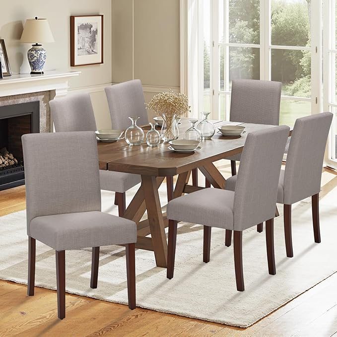 Upholstered Dining Chairs Set of 2 - Line Fabric Modern Farmhouse Kitchen Chairs,Mid-Back Dining Room Chairs with Wooden Legs