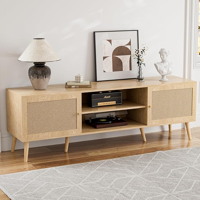 TV Stand for TVs up to 65'', Entertainment Center With Rattan Door, S...