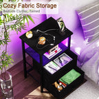 LOAKEKEL Night Stand, LED Black Nightstand with Charging Station | Small Bedside Table with USB Ports & Outlets, Side Table with Type-C and LED Lights, 2 Fabric Storage Drawers for Bedroom