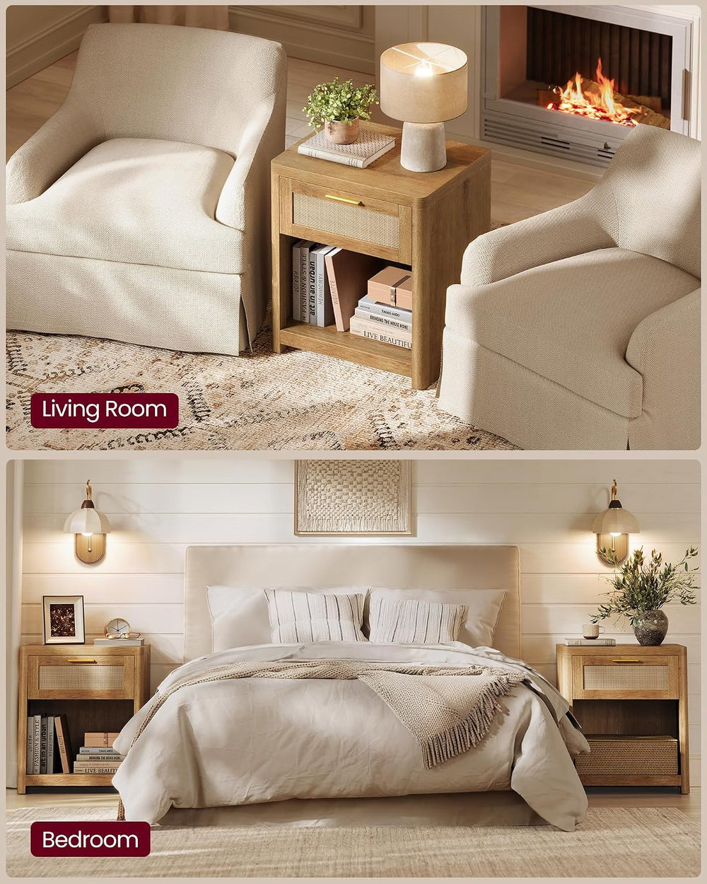 VASAGLE Set of 2 Boho Nightstands with Rattan-Look Drawer