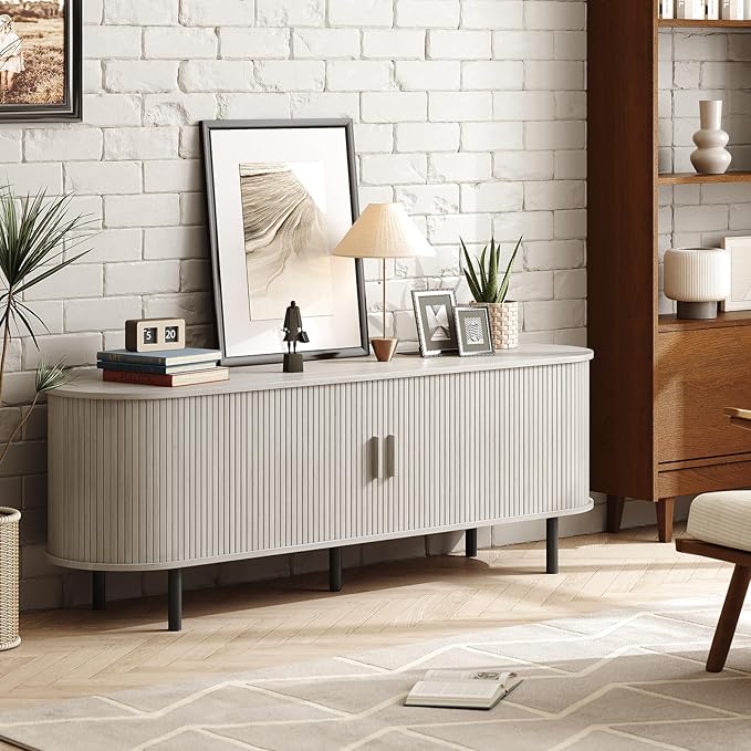 ONBRILL 63" TV Stand with Power Outlet for TVs up to 70 Inch, Entertainment Center with Storage and Adjustable Shelves, Modern Media Console with Sliding Doors for Living Room, Natural White