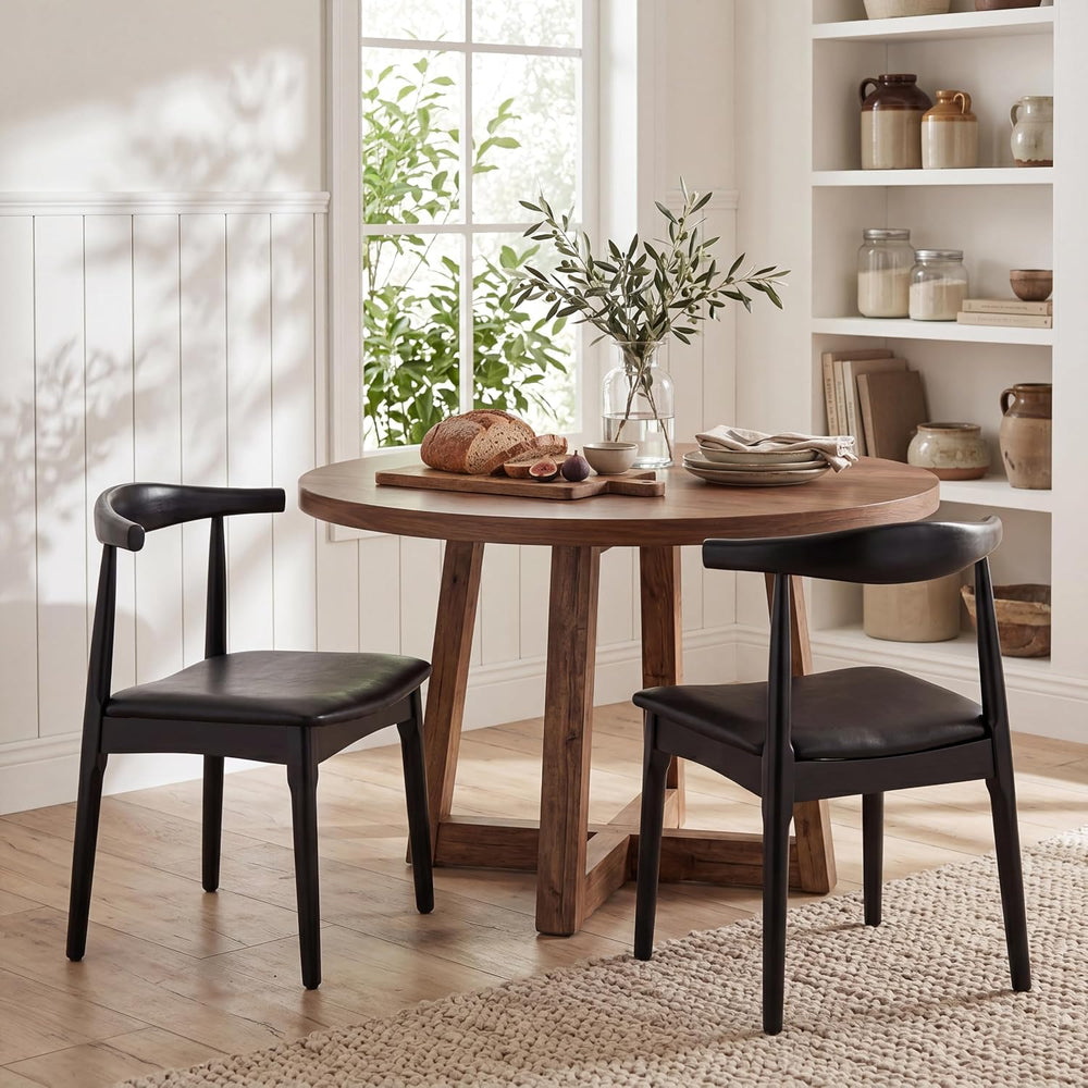 ROCITY Black Dining Chairs Set of 2 Leather Kitchen Chairs with Wood Legs and...