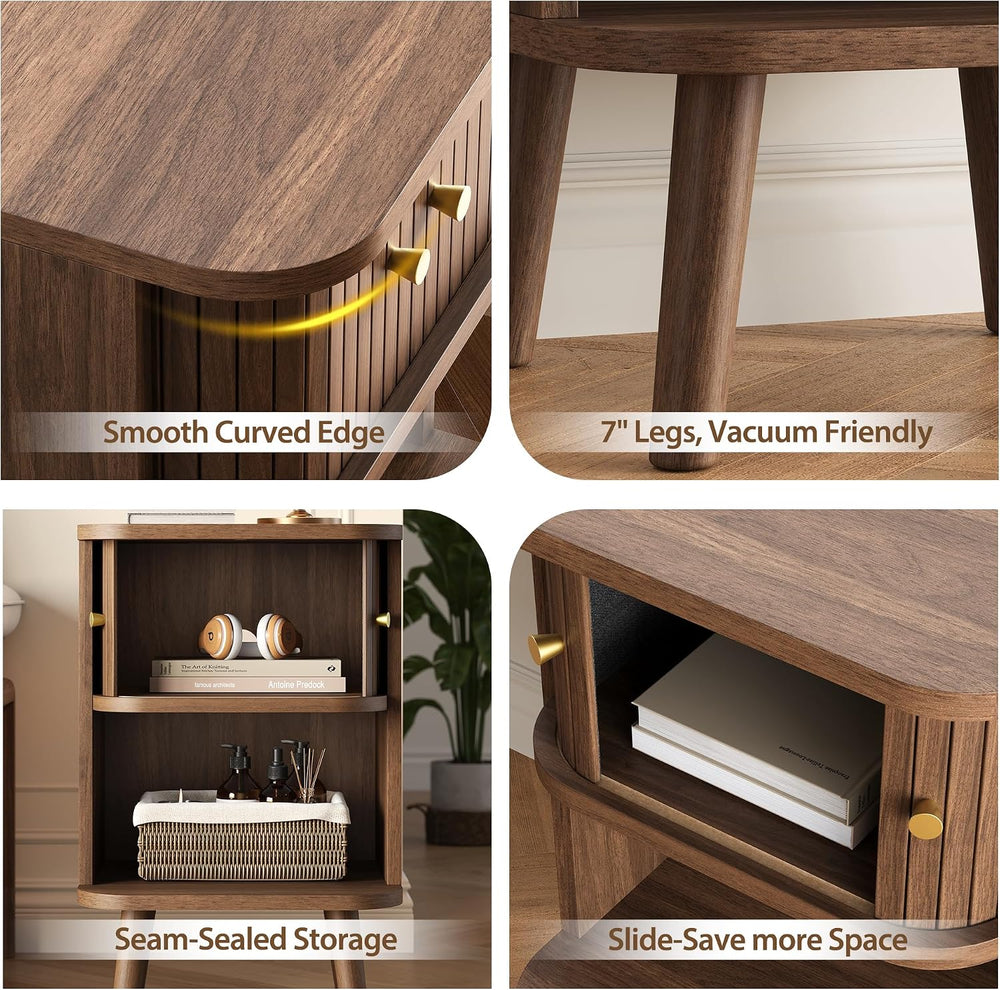 Decofy Fluted Nightstand Set of 2, Mid Century Modern Bedside Table with Char...