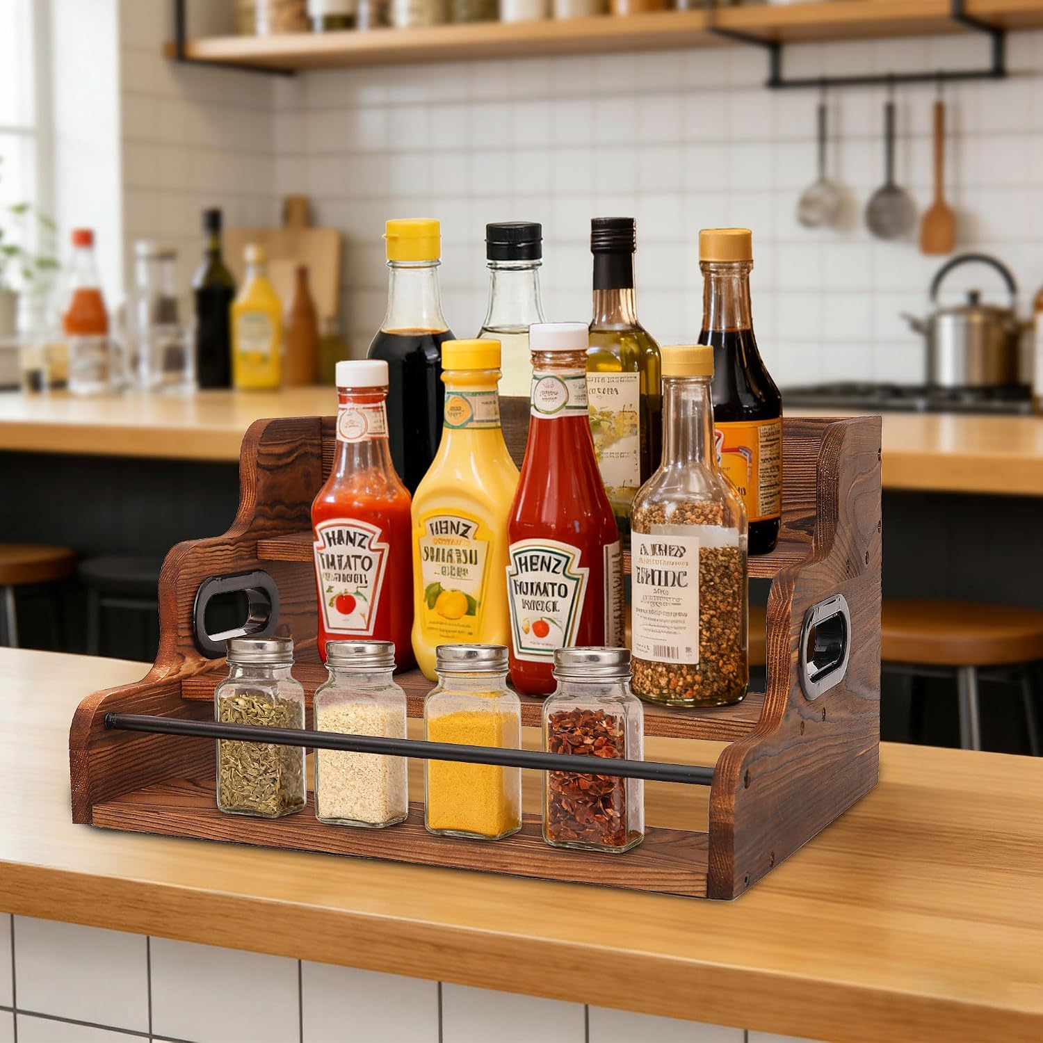 3-Tier Wood Bottle Display Shelf, Countertop Liquor Organizer, Rustic Brown