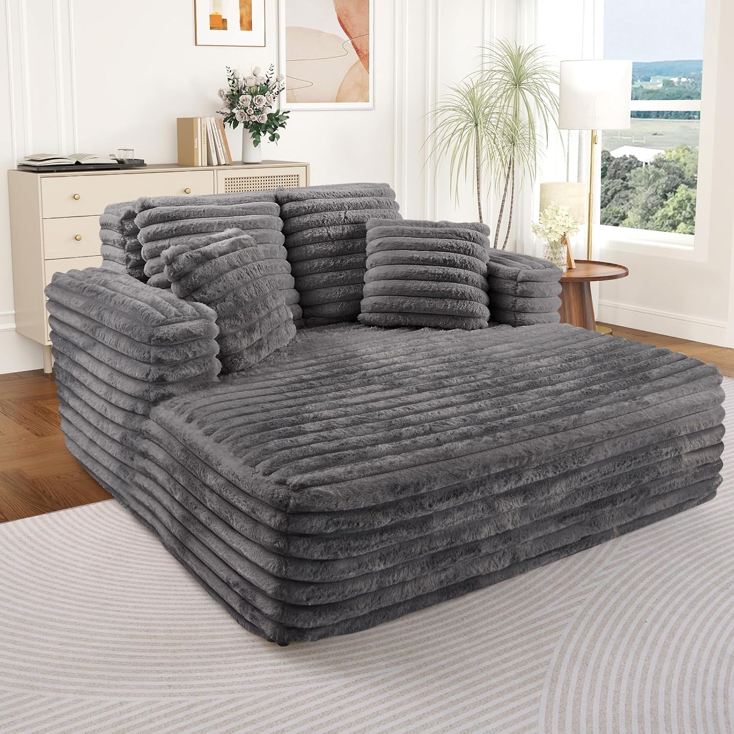 Oversized Chaise Lounge Indoor, Modern Plush Faux Fur Fabric Deep Seat Boneless Memory Foam Sleeper Chaise Lounge Sofa Chair with Pillows for Living Room Bedroom Studio, No Assembly Couch, Grey