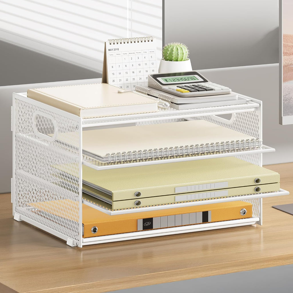 Subekyu Paper Letter Tray Organizer for Desk, White Metal Mesh Desk File Sorter Organizer with Handle and 2 Sliding Trays for Home Office School Supplies Organization