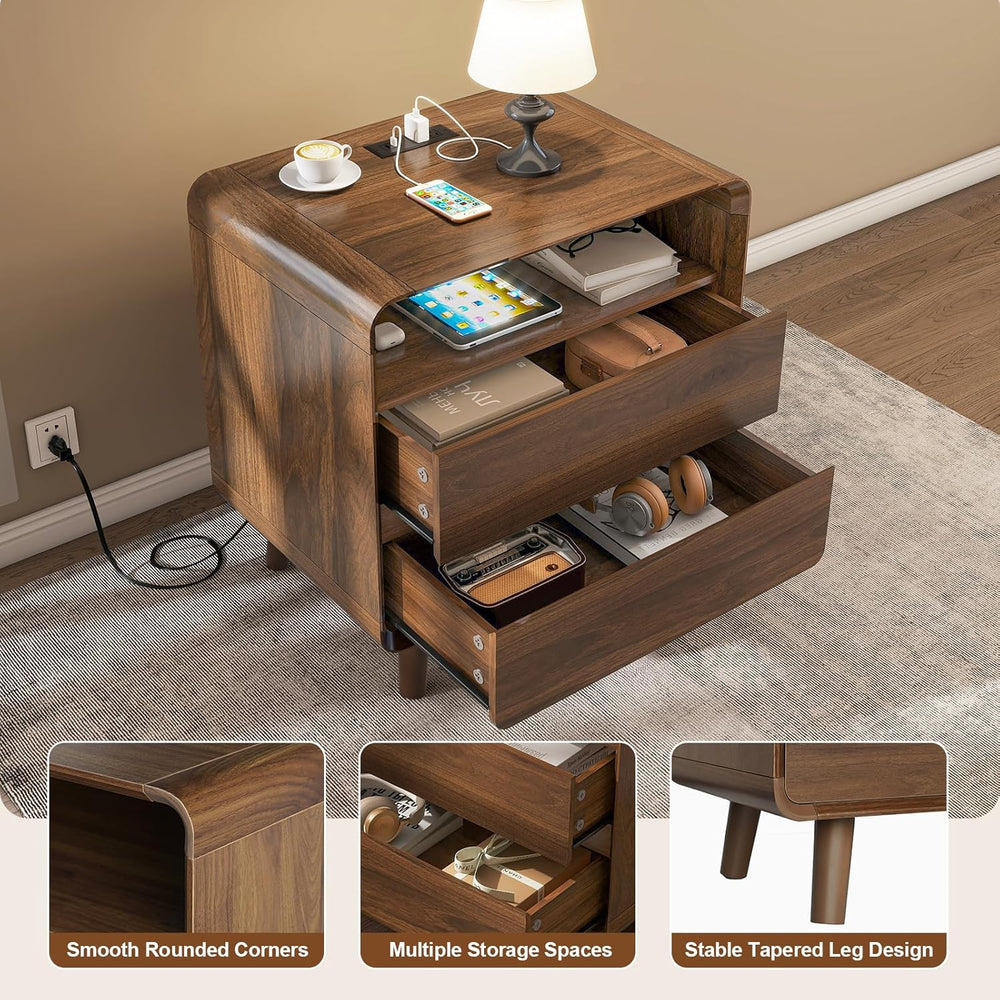 Nasonet Mid Century Modern Nightstand with Charging Station, Wood Bedroom End...