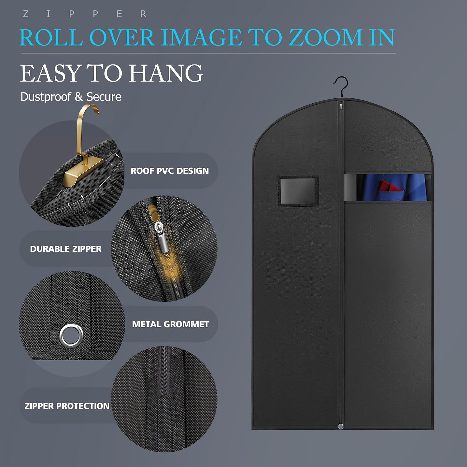 Hleelomi 5 Pack 43-in Garment Bag for Hanging Clothes Black Suit Bag | Garment Bags for Travel and Closet Storage, Suit Bag Travel with Zipper and Visible Transparent Window