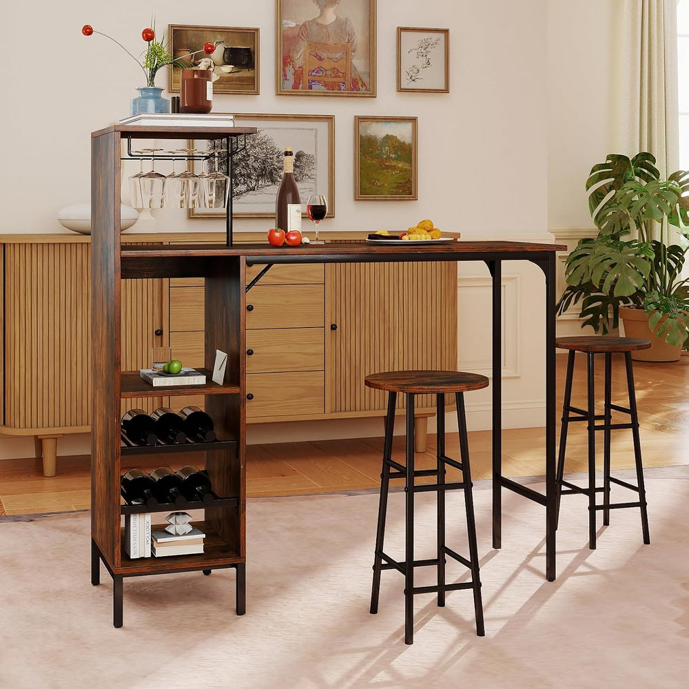 GOFLAME Bar Table Set for 2, Counter Height Dining Table Set with Shelves, Cu...