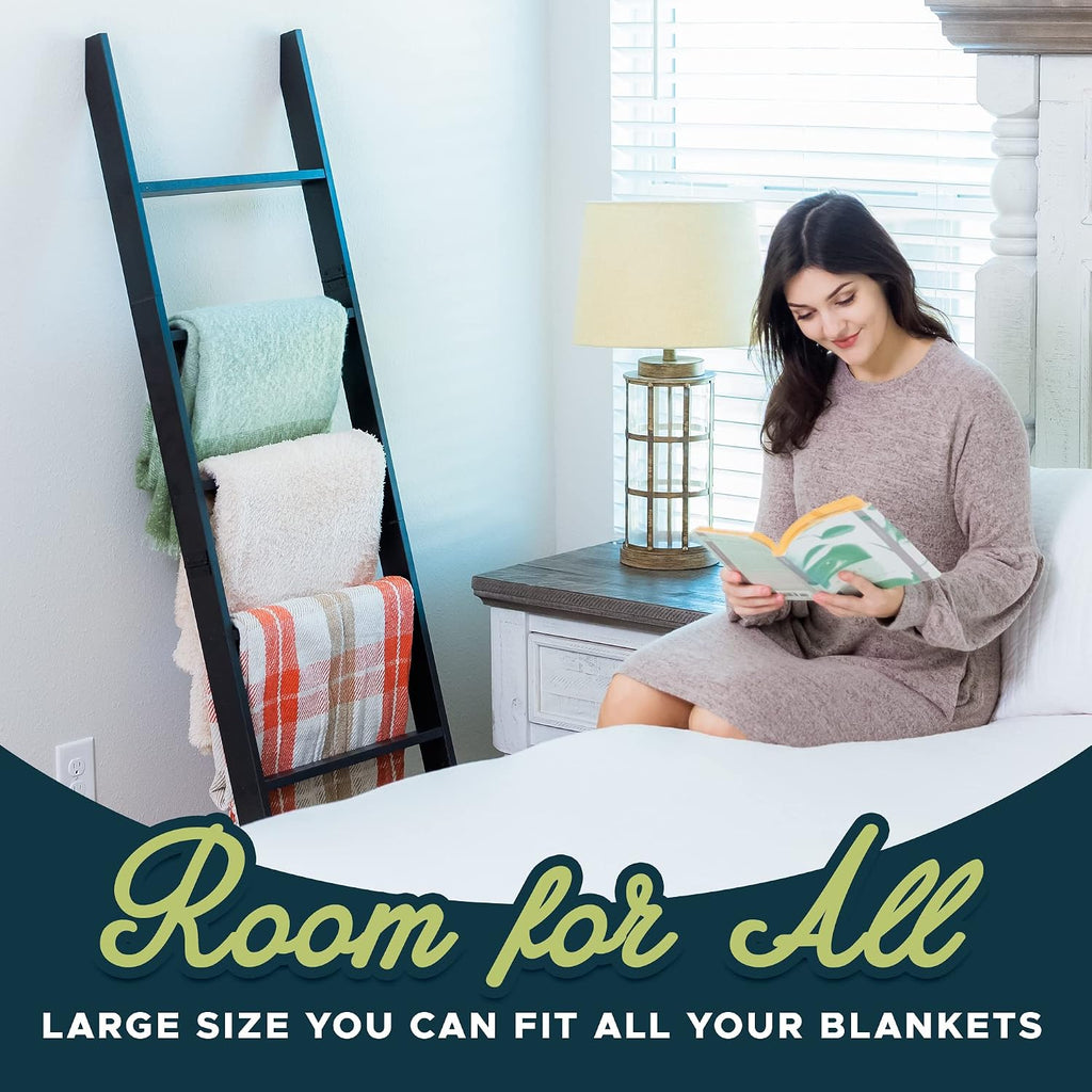 Blanket Ladder for the Living Room and Bedroom, Quilt Rack, 6-Tier, Black | 5ft 8 inch, Wall Leaning Blanket Holder, Laminate Snag Free, Rustic Decorative Farmhouse Ladder Shelf for Blankets