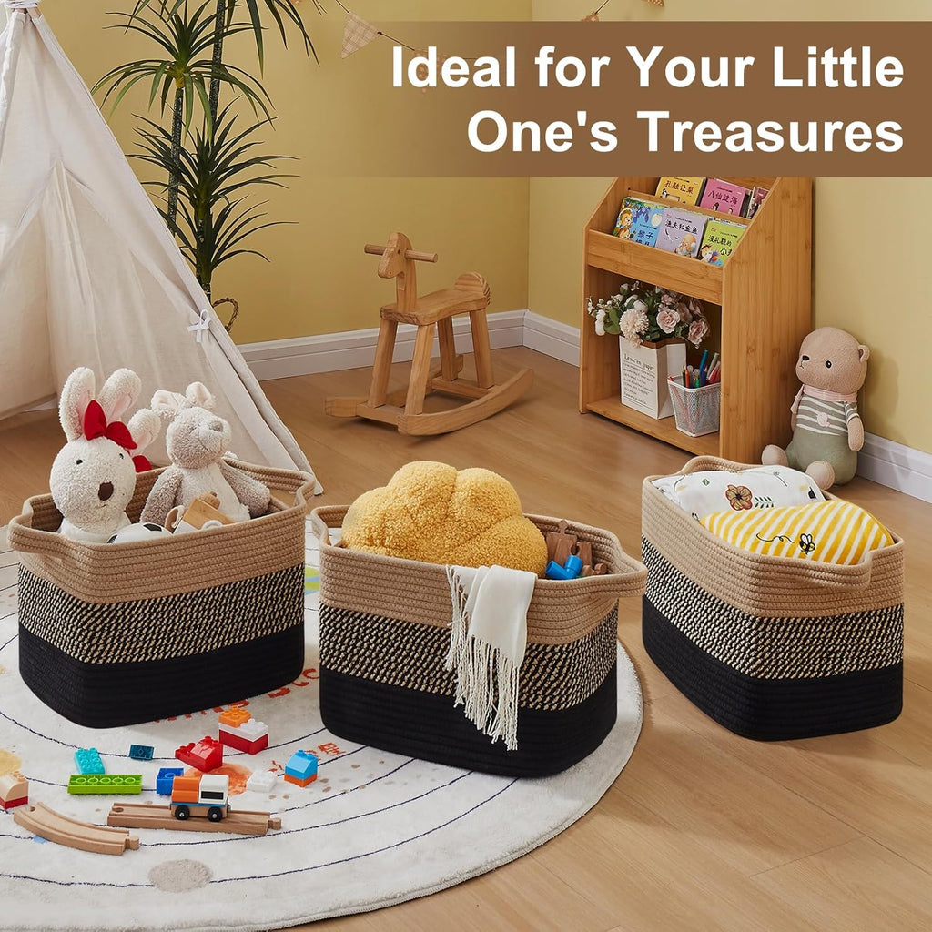 Storage Basket for Organizing, Woven Baskets for Storage, Rectangle Decorative Baskets for Shleves, Closet, Toys, Books, Nursery Organizer Bins - Pack of 3 (Black & Brown, 15.75"x11.8"x9.85")