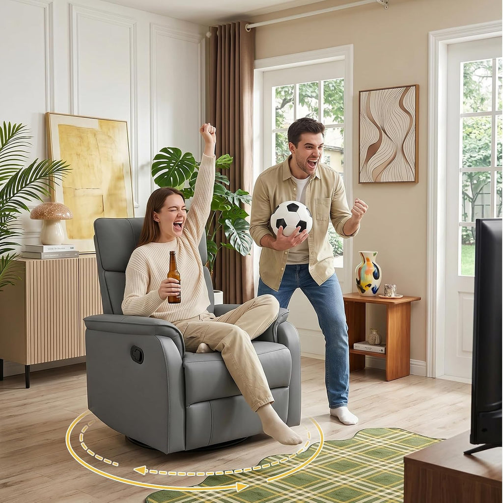 HAOMARKETS Swivel Rocker Recliner Chair Set of 2, Manual Faux Leather Glider Rocking Recliners for Adults, 360° Swivel Nursery Reclining Sofa with Padded Backrest for Living Room, Grey
