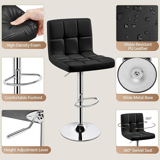 Yaheetech Bar Stools Set of 4, PU Leather Swivel Barstools, Height Adjustable Counter Chairs with Back for Bar Kitchen Island Dining Room, 300lb Capacity, Black