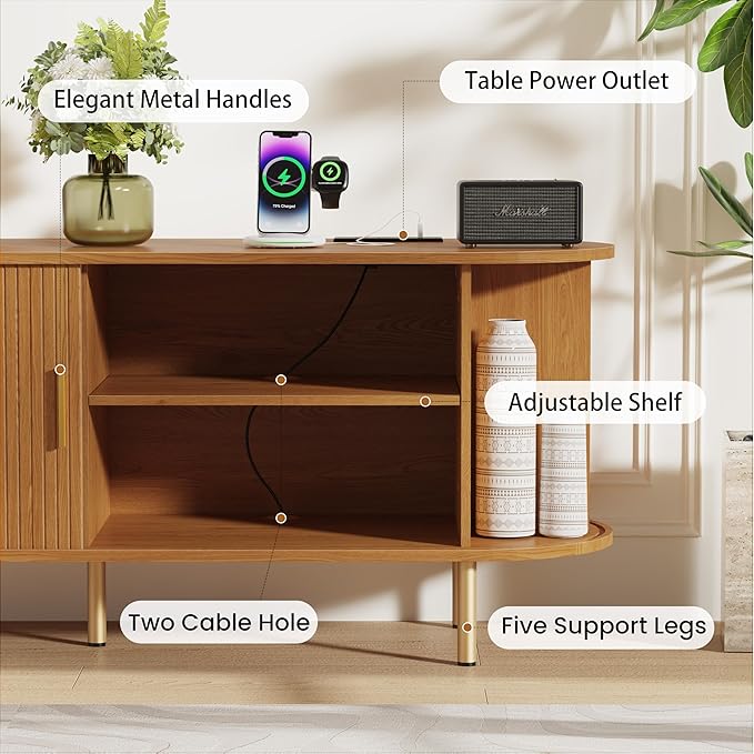 DHH 55 Inch Mid Century Modern TV Stand with Power Outlet for TVs up to 60 Inch, Entertainment Center with Storage and Adjustable Shelves, Media Console with Sliding Doors for Living Room(Yellow)