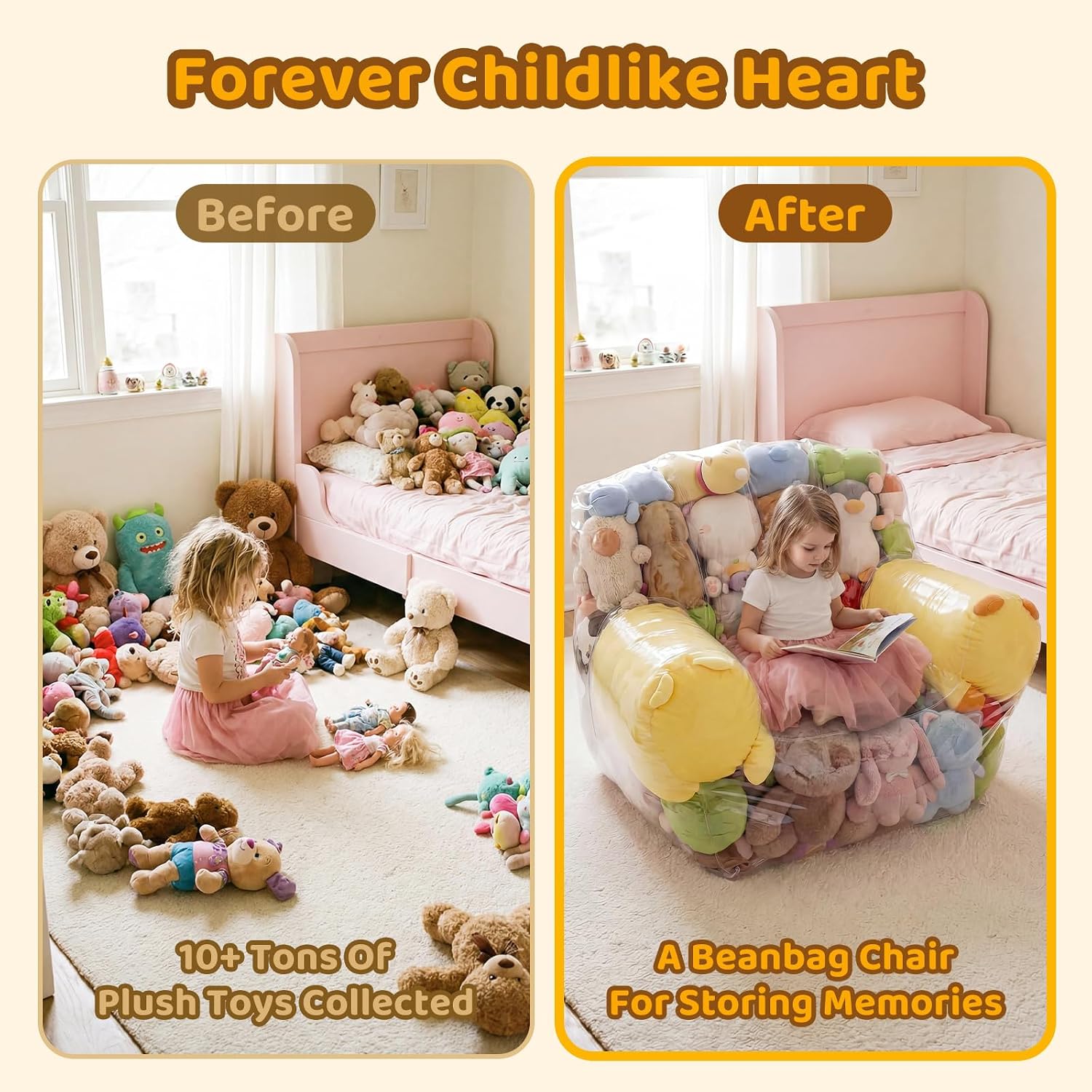 Stuffed Animal Bean Bag Storage Chair, 37.4 x 37.8 Inch Clear plushies storage, Upgraded 0.35mm PVC Waterproof Plushy Organizer, Supports 330lbs for Home Use