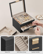 SONGMICS Jewelry Box Organizer with Glass Lid, 4-Layer Jewelry Storage, with 3 Drawers, Modern Style, Christmas Gift, 8 x 9.1 x 6.5 Inches, Graphite Black and Gold Color UJBC173B01