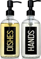 JASAI 2Pack 18OZ Glass Soap Dispenser, Black Stainless Steel Pump, Kitchen Dispenser with Classy Label, Refillable for Dishes
