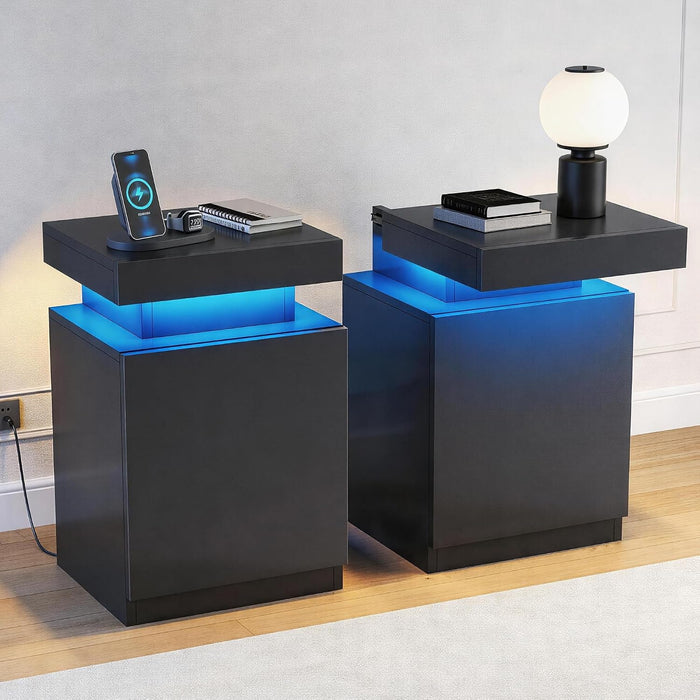Nightstands Set of 2, 17.7 Inches LED Night Stand Set 2 with Power Outlets, Bedside Table with Sliding Top Storage, Modern End Table for Bedroom, Black