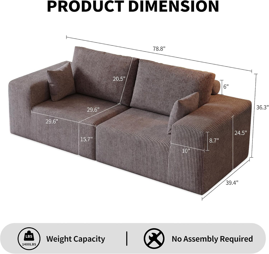 79" Modular Loveseat Sofa- 2 Seater Oversized Deep Seat Cloud Boneless Couch for Living Room, Corduroy Loveseat Couch, No Assembly Required (Brown)