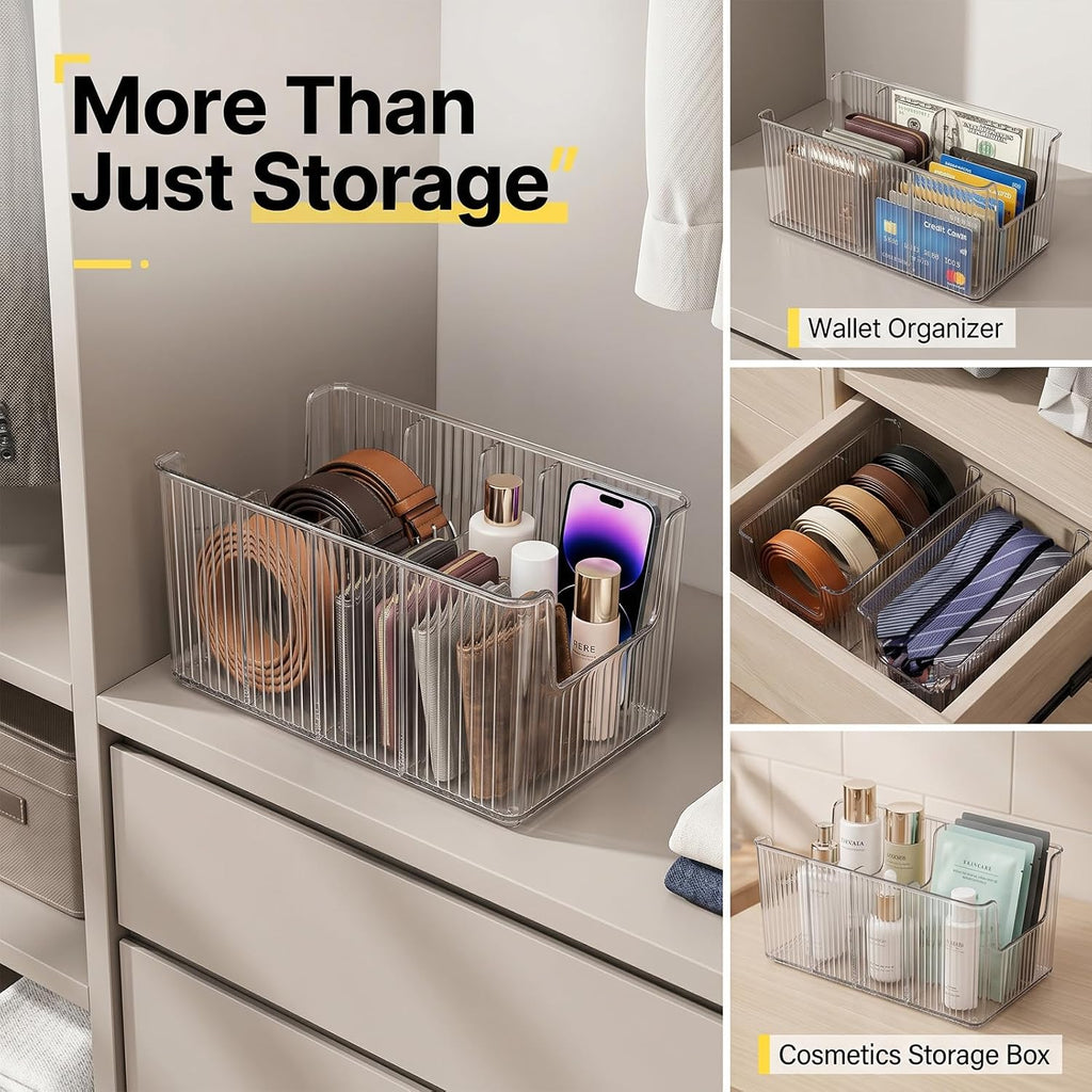 Acrylic Belt Organizer, 2 Pack Clear Belt Storage Box with 4 Adjustable Compartments, Stackable Durable Acrylic Belt Holder, Anti-Scratch Belt Display Case for Closet and Drawer Organization
