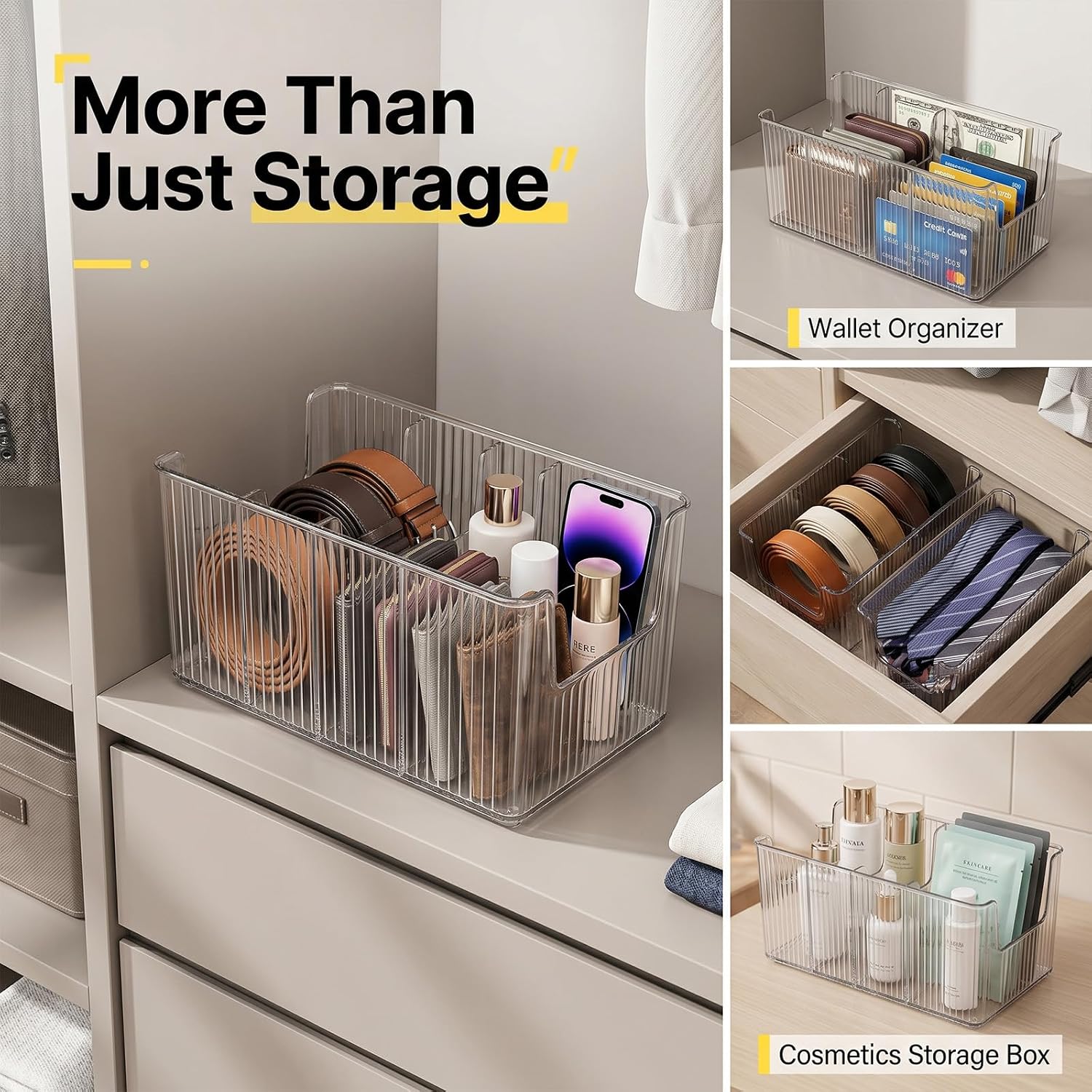 Acrylic Belt Organizer, 2 Pack Clear Belt Storage Box with 4 Adjustable Compartments, Stackable Durable Acrylic Belt Holder, Anti-Scratch Belt Display Case for Closet and Drawer Organization