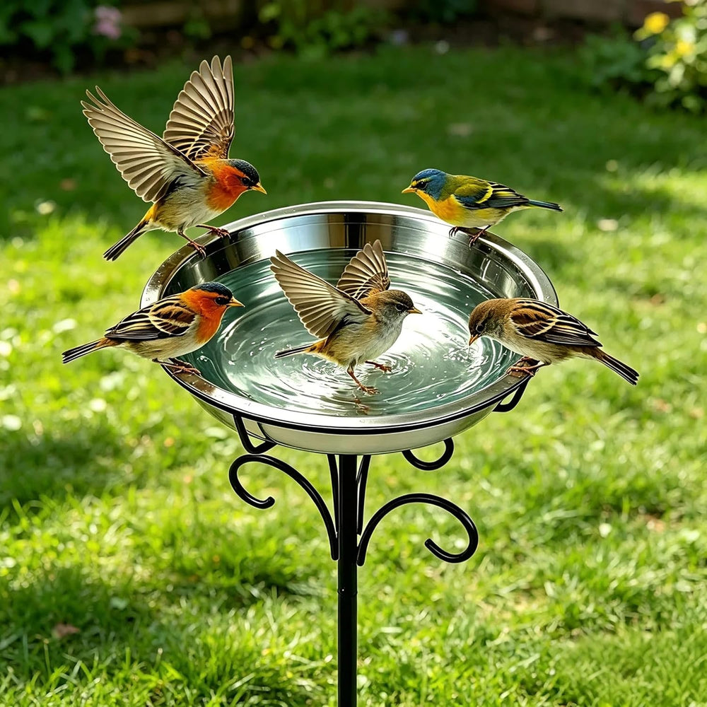 Fire Beauty Staked Stainless Steel Bird Bath for Outdoor Backyard Wildlife