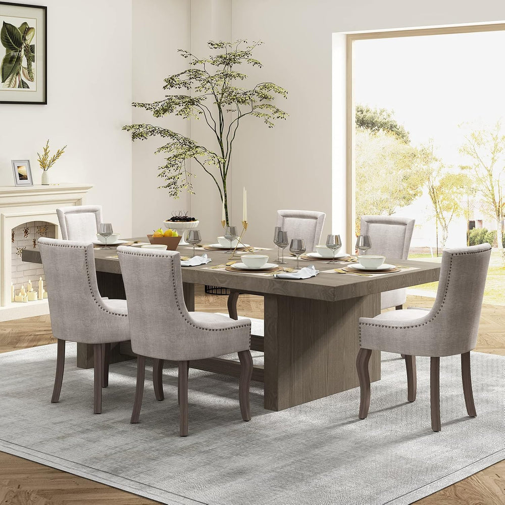 Upholstered Dining Chairs Set of 8, Beige Fabric Kitchen Chair with Nailhead ...