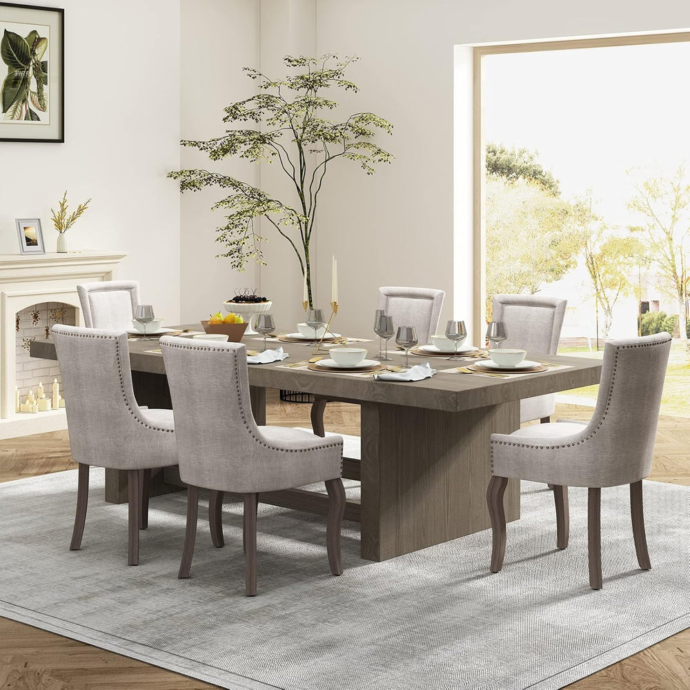 Upholstered Dining Chairs Set of 2, Beige Fabric Kitchen Chair with Nailhead ...