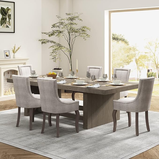 Dining Chairs Set of 8, Kitchen & Dining Room Chairs, Fabric Upholstered Dinning Chairs, Sillas De Comedor, Nailhead Trim, Wood Legs (Beige, 8 Pcs)