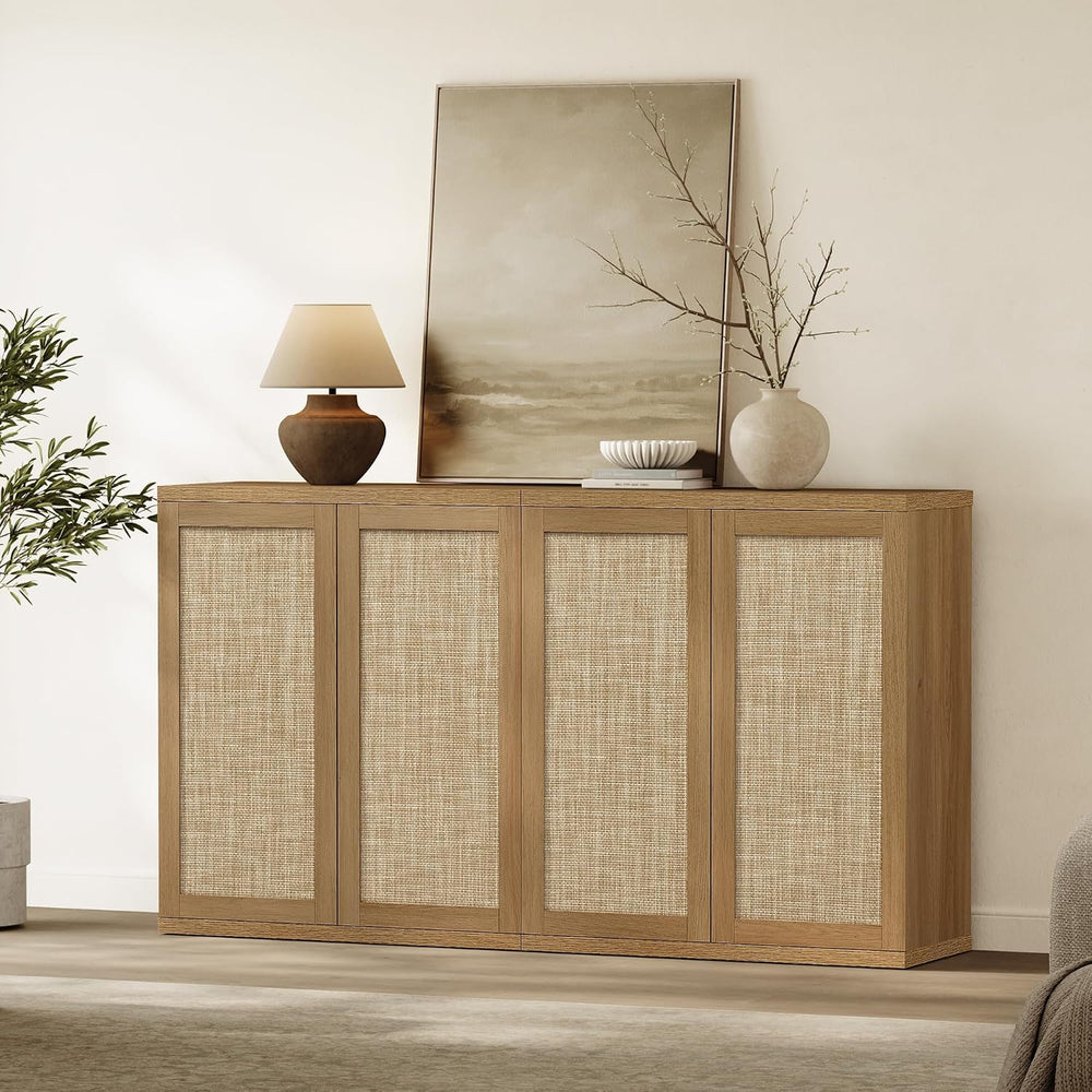 SICOTAS Rattan Sideboard Buffet Console Cabinet - 2 Pieces Boho Coffee Bar Ca...